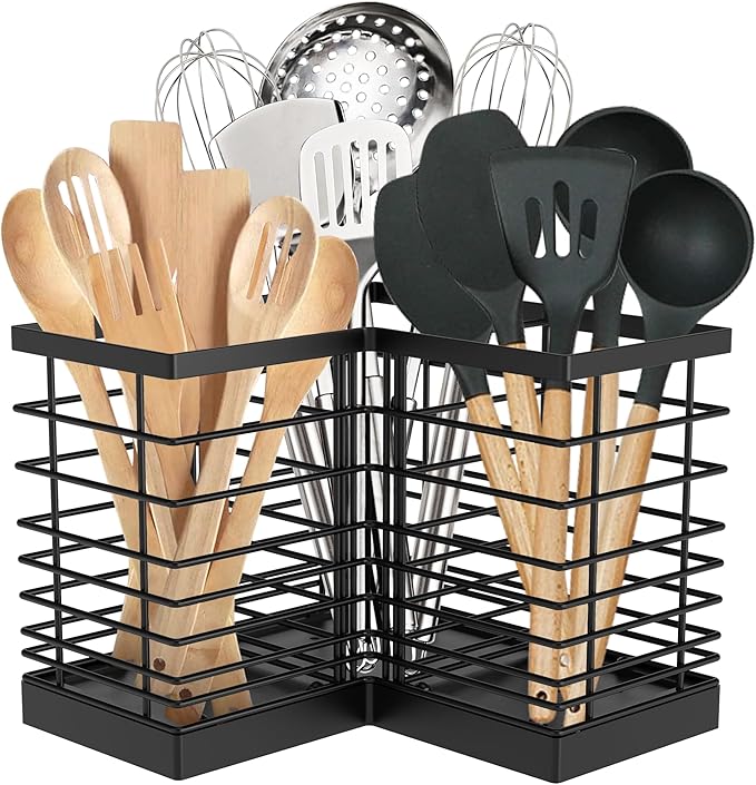 Suli Extra Large Kitchen Utensil Holder with 3 Compartments，Matte Black Metal Corner Kitchen Caddy for Countertop，Farmhouse Rustic Cooking Storage-Black