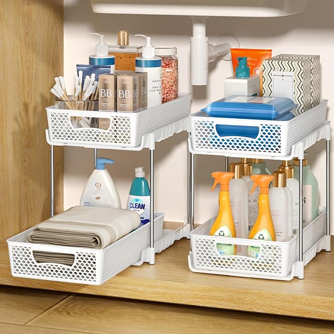 2 Pack Pull Out Bathroom Organizers and Storage, 2 Tier Stackable Under Sink Storage Organizer for Bathroom, Kitchen Cabinet, Pantry, and Medicine Holder, Organization and Storage - White