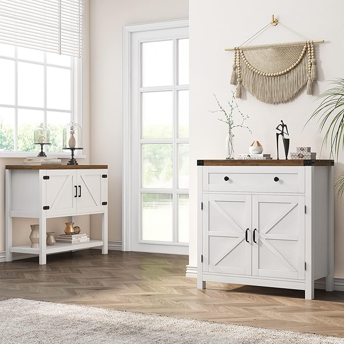 HOSTACK Coffee Bar Cabinet, Kitchen Storage Cabinet, Modern Farmhouse Buffet Sideboard with Drawer and Adjustable Shelf, Barn Door Accent Cabinets for Kitchen, Dining Room, Entryway, White