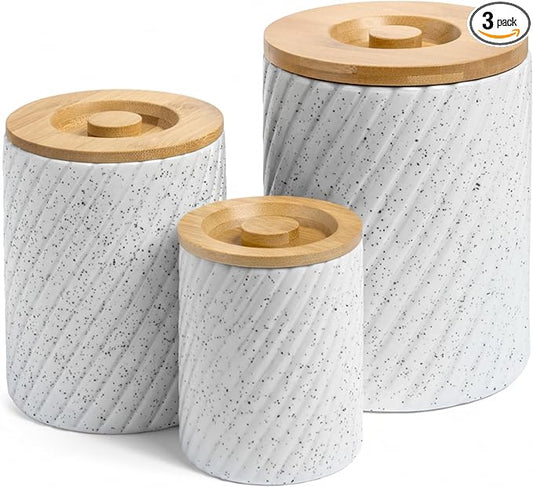 Ceramic Canister Set for Kitchen Countertop & Pantry – 3 Airtight Food Storage Containers for Flour, Sugar & More – Durable White Ceramic with Bamboo Lids
