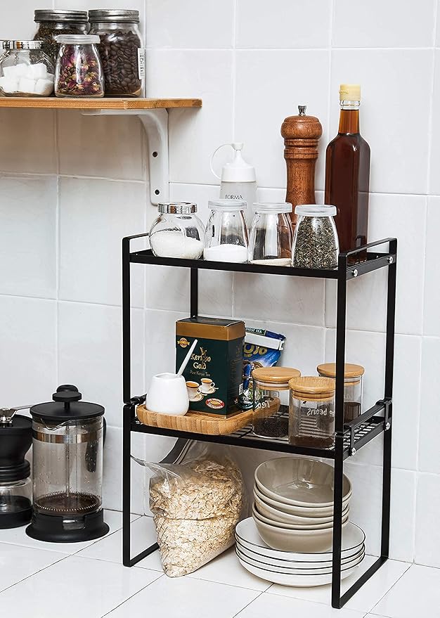 Shantton 2pk Kitchen Cabinet Shelf Counter Organizer Rack Pantry Storage Bathroom Bedroom Office Table Desk Space Saving Steel Frame Stackable Rust Resistant Non Slip Black-Tall-L13in W8.3in H9.5in