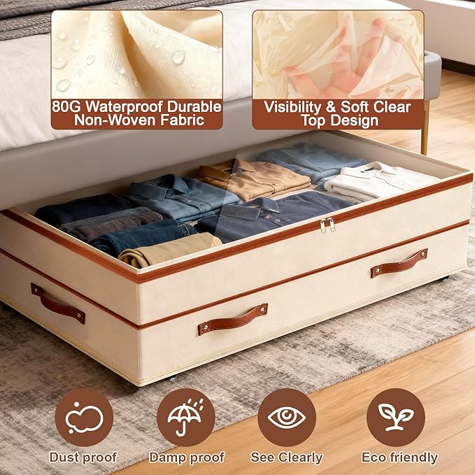Dolicer 2 Pack Under Bed Storage with Wheels, 6in-10in Height Adjustable Underbed Storage Containers, 92L XXXL Under Bed Drawers Rolling Bin with Clear Lids for Dorm Shoes Clothes Organizers(Beige)