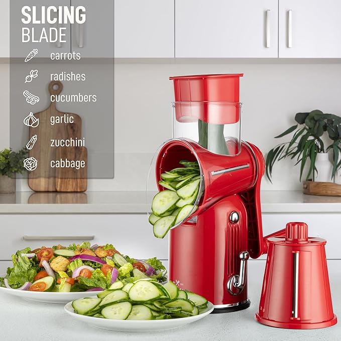 Zulay Kitchen Rotary Cheese Grater 5 Blade Cheese Shredder - Manual Hand Crank Cheese Grater With Reinforced Suction & 5 Interchangeable Drums - Easy to Use, Vegetable Chopper Round Mandoline Slicer