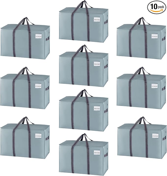 VENO 10 Pack Moving Bags and Large Christmas Storage Bins with lids. Alternative to Moving Boxes, Packing Supplies for College. Extra Large Heavy Duty Totes for Packaging (Light Blue Matte, 10 Pack)