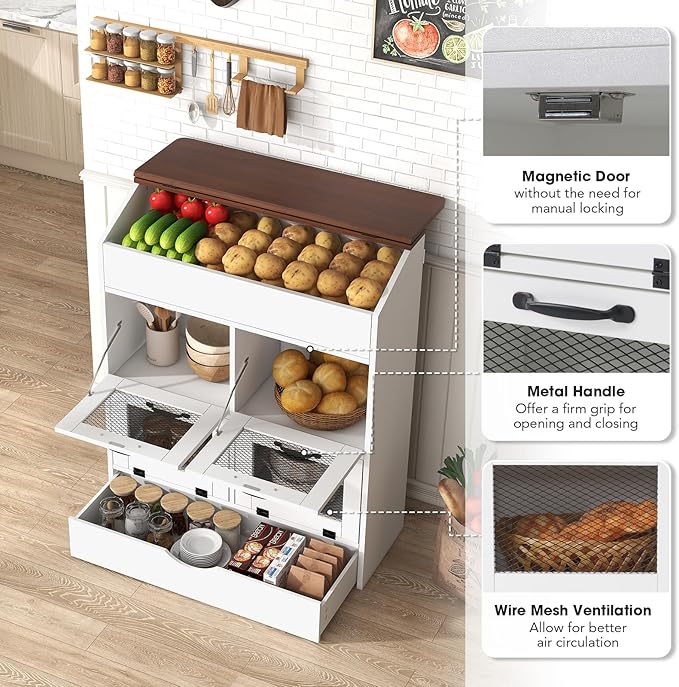 Patiorama Wood Potato and Onion Storage Bin Box, Large Vegetable Storage Box w/Lid,Wooden Bread Storage Bin w/4 Mesh Doors,Movable Bottom Drawer, Farmhouse Potato Storage Bins for Kitchen Pantry White