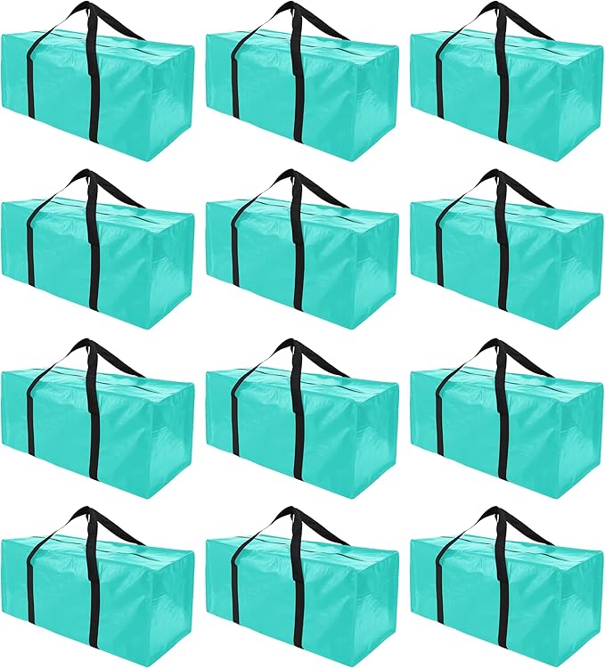 12 Pack Extra Large Moving Bags with Zippers & Carrying Handles, Heavy-Duty Storage Tote for Space Saving Moving Storage, Fold Flat, Alternative to Box and Bin,Aquamarine