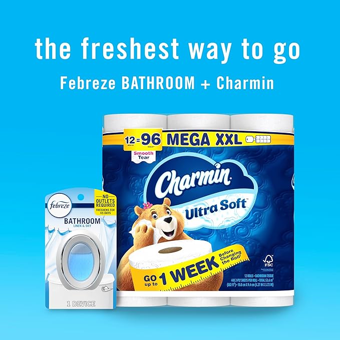 Febreze Bathroom Air Freshener, Odor-Fighting, Plug In Alternative, Air Fresheners for Home and Bathroom and Kitchen, Closet Air Fresheners, Linen & Sky Scent, 4 Count