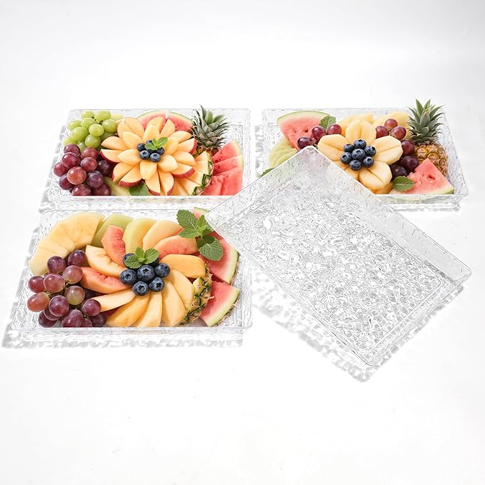 GLITCHCORE 4-Pack 11 * 7.8" Acrylic Tray Serving Platter for Party Trays for Serving Food,Fruit Plastic Serving Trays,Suitable for Home Kitchen and Outdoor Dessert, Cake, and Cookie Plating.