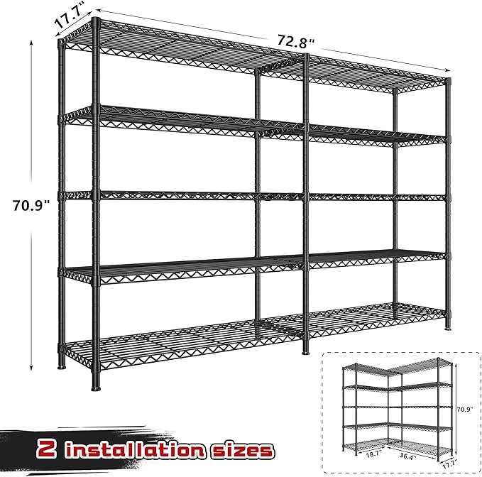 REIBII 72.8" W Storage Shelves Load 1600LBS, 5 Tier Metal Shelving Unit Garage Shelving for Adjustable Storage Rack Heavy Duty Metal Shelves for Basement Pantry Kitchen, 17.7" D x 72.8" W x 70.9" H