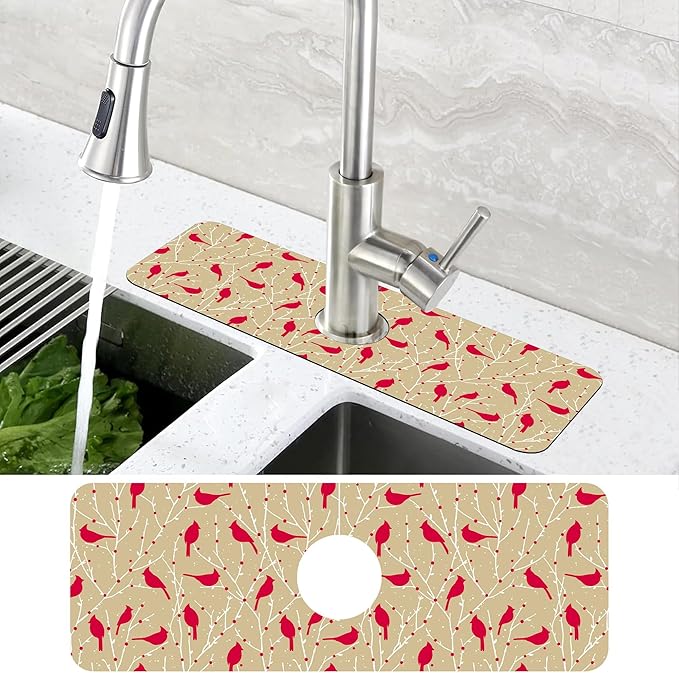 Christmas Cardinal Birds Kitchen Sink Splash Guard Mat Absorbent Fast Drying Mat Faucet Draining Mat Sink Splash Guard Behind Faucet Drip Catcher for Kitchen Bathroom 5.5"×15"