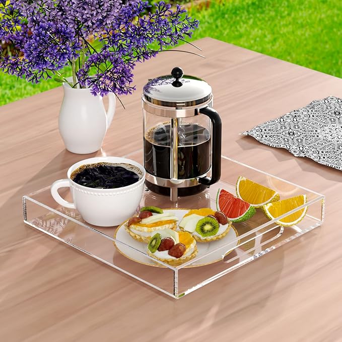 NIUBEE Acrylic Serving Tray 15x15 Inches -Spill Proof- Clear Decorative Tray Organiser for Ottoman Coffee Table Countertop with Handles