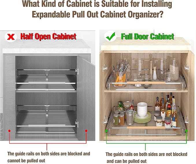 Pull Out Cabinet Organizer, 23~39.8"W x 22.5"D Expandable Pull Out Shelves for Kitchen Cabinets, Heavy Duty Metal Slide Out Pantry Shelves Sliding Shelf for Home Kitchen,Under Sink,Bathroom,Wardrobe