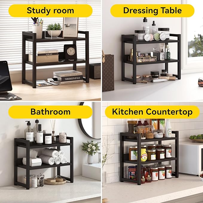 KOPEAYA Kitchen Countertop Shelf Organizer, 3 Tier Large Kitchen Storage Spice Rack Cabinet Organizer with Metal Leg for Countertop Pantry, Coffee Bar Organizer, Bathroom Countertop Organizer, Black