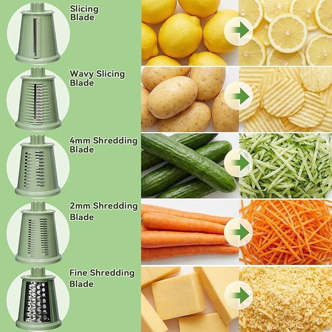 ChinKc Upgrade Rotary Cheese Grater Shredder with Handle, Strong Suction Base, Multi-purpose Rotary Grater Slicer with 5 Interchangeable Blades for Ice, Vegetables, Fruit, Nuts with Blade Storage Box