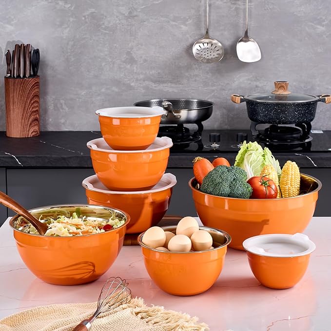 Onlycooker Orange Mixing Bowls With Airtight Lids,Stainless Steel Bowl,Salad Bowls 7 Piece Colorful Nesting Bowl Orange Kitchen Accessories,Size 7,3.6,2.7,2.1,1.5,1.1,0.8QT Stackable Design