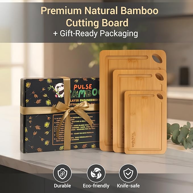 Bamboo Cutting Board Gift Set for Kitchen – Set of 3 Natural Bamboo Cutting Boards with Juice Grooves, Wooden Chopping Boards for Meat, Vegetables & Cheese, Durable Eco-Friendly Food Prep Board Set