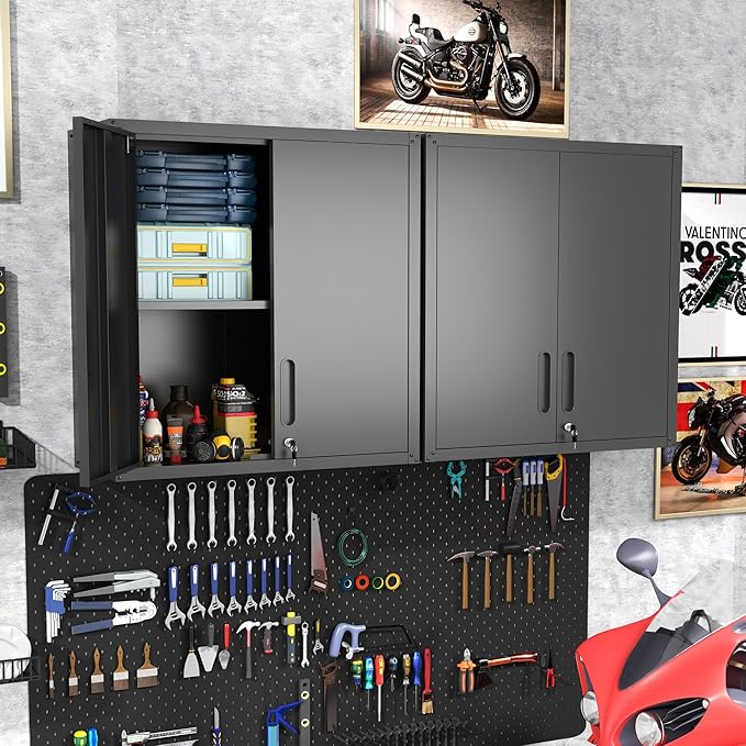 BIZOEIRON Garage Wall Cabinet with Doors and Shelves, Metal Wall Mounted Storage Cabinet with Lock, Hanging Tool Cabinet for Garage Utility Room, Black
