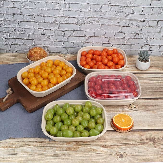 JAYEEY 35 oz Disposable salad bowls with lids, Sugarcane Fiber Paper Bowls take away food containers meal prep Plant Fiber deli container 50 Pack