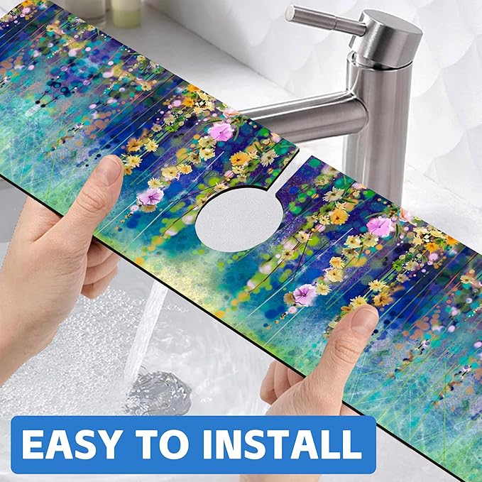Abstract Watercolor Floral Kitchen Sink Splash Guard Mat Absorbent Fast Drying Mat Faucet Draining Mat Sink Splash Guard Behind Faucet Drip Catcher for Kitchen Bathroom 5.5"×24"