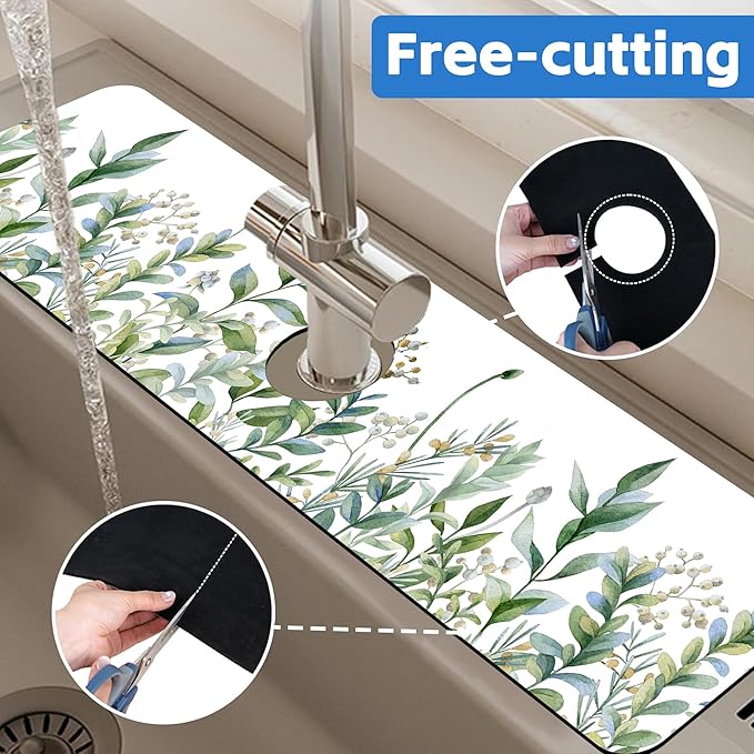Watercolor Green Branch Leaves Dish Drying Mat for Kitchen Sink Splash Guard Behind Faucet Sink Mat Absorbent Fast Drying Faucet Draining Mat for Bathroom Kitchen 5.5"×24"
