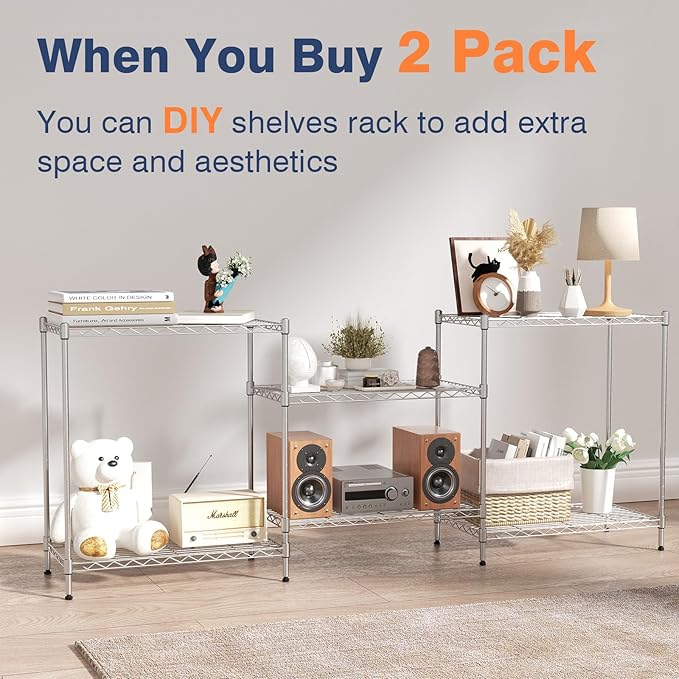750lbs 3-Tier Wire Shelf Rack,24" Dx14 Wx22 H,Kitchen Metal 3-Shelves Rack with Lockable Wheels,Height Adjustable Wire Shelving Unit and Storage for Living Room,Laundry,Office,Pantry,Studio