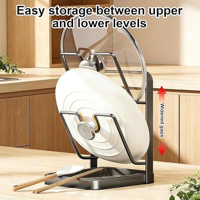 Upgraded Kitchen Pot Lid Storage Rack,Pot Lid Holder With Tray,Lid Holder While Cooking,Lid And Spoon Rest, Multifunctional Kitchen Organizer Stand for Stove Top (Gray, Double-layer)