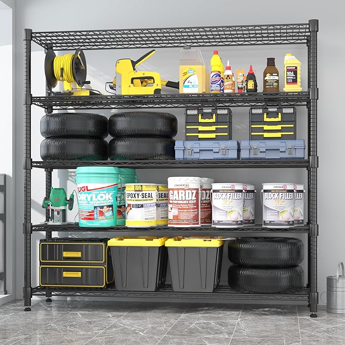 Homdox Heavy Duty Metal Shelves for Storage, 5 Tier Storage Racks and Shelving, Commercial Adjustable Wire Shelving Unit on Wheels, Garage Rack Pantry Shelves Kitchen Shelving, 18"x60"x82", Black