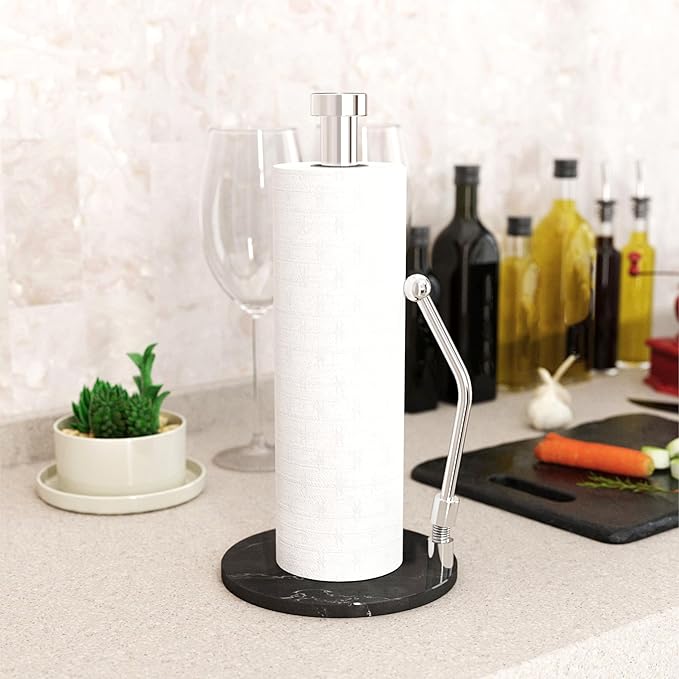 Paper Towel Holder with Marble Base – Heavy Weighted Countertop Holder, Stainless Steel Stand with Natural Stone Base, Modern Kitchen Paper Towel Dispenser