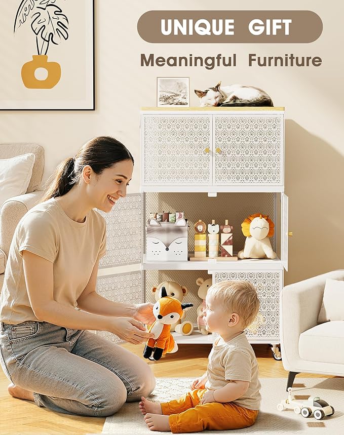 3 Tier Metal Storage Cabinet with wheels, Storage Bins with Magnetic Doors, Storage Cart for Living Room, Bedroom, Bathroom, Laundry, Kitchen