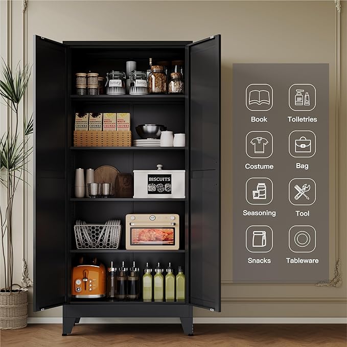71''Metal Cabinet with 4 Adjustable Shelves,5-Tier Pantry Storage Cabinet,Kitchen Pantry Cabinet for Living Room,Dining Room, Black
