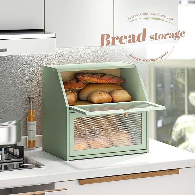 STDDRE Bread Box for Kitchen Countertop Bin Double Layer Bread Box Storage Container Extra Large Capacity Farmhouse with Diamond Pattern Windows (Green, Extra Large)