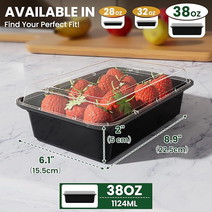 Geisoun 38oz Meal Prep Containers [50-Pack], Reusable Bento Box with Easy-Snap Leakproof Lids - Microwave, Dishwasher & Freezer Safe Food Storage, BPA-Free Plastic Lunch Containers (Black)