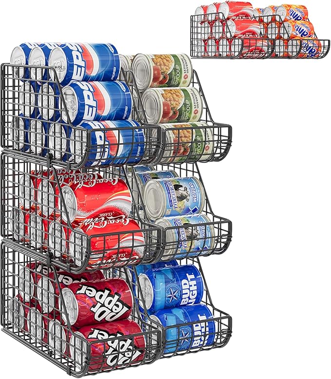 X-cosrack 6Pack Stackable Can Rack Organizer for Kitchen Pantry，Max Can Storage Holder,Durable Can Dispenser & Canned Goods Organizer for Various Ounces of Canned Food Soda Drinks, 2 Pack 3-Tier