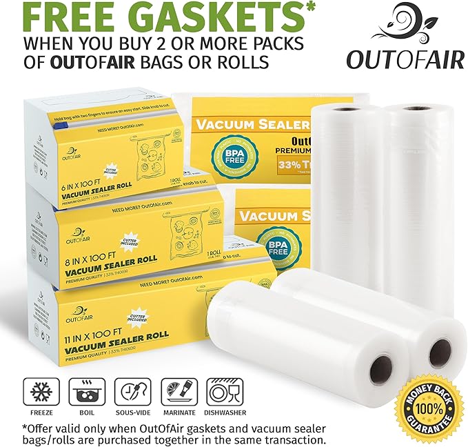 OutOfAir Vacuum Sealer Rolls - 11” x 25’ (4 Pack, 100ft) - Heavy-Duty, 33% Thicker, BPA-Free, Works with FoodSaver, Weston, Anova & More - Food Storage, Sous Vide, Freezer, Microwave & Boil Safe