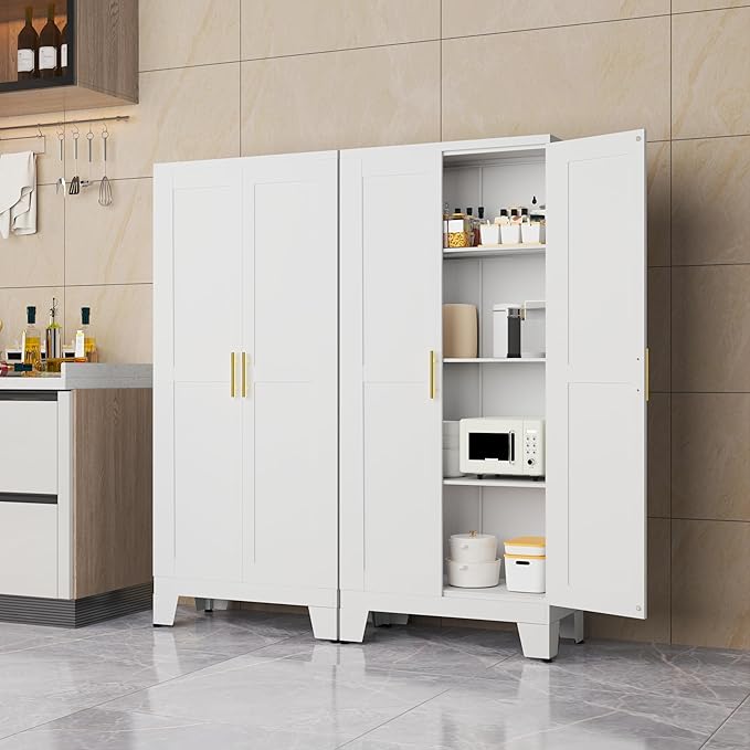 erosoei 61.02”H Pantry Storage Cabinet, Kitchen Storage Cabinets with Adjustable Feet and Shelves, Metal Pantry Cabinet for Kitchen, Living Room, Laundry Room and Dinning Room (2door-White)