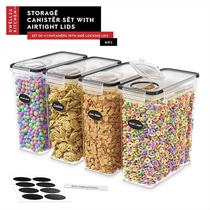 DWËLLZA KITCHEN Cereal Containers Storage 4 Pack 135 fl. oz Cereal Dispenser Airtight Food Storage Containers Pantry Organization and Storage, Canister for Rice Flour & Sugar 1 Marker 8 Labels