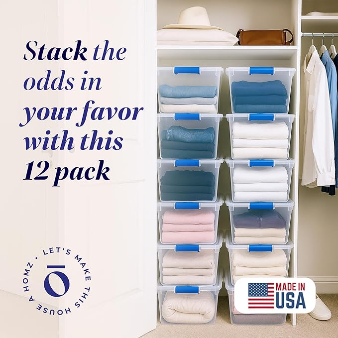 HOMZ 12-Pack Secure Latch, Clear Plastic Storage Organizer Bins, 31 Quart, Blue Latches - Stackable Container Boxes for Bedroom, Bathroom, Garage, and Office Organization
