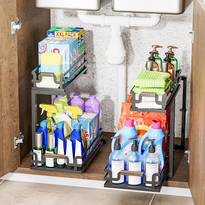 BXINREDA Under Sink Organizers, 2 Tier Slide Out Under Sink Organizers, Under Sink Storage for Bathroom Kitchen (1 Pack)
