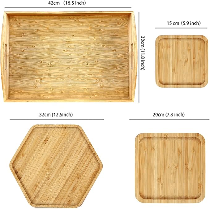 PAFREWOG Bamboo Serving Trays Cutting Boards 16.5"x11.8"（42x30cm with Handle, Set Includes 0.63"(1.6cm) Thick Plates 1xHexagon 12.5"(32cm)+1xSquare 7.8"(20cm)+1xSquare 5.9"(15cm) for Family Dinner