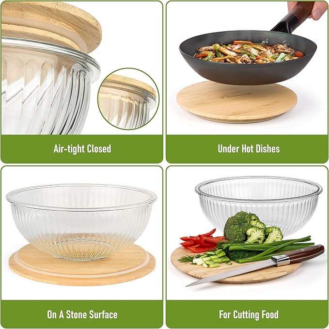 dokaworld Stackable Space-Saving Set of 5 Nesting Glass Bowls with Bamboo Lids for Foodprep, Storage, Baking, Mixing & Cooking, Microwave & Oven Safe BPA Free Heat Resistant Inert Borosilicate Glass