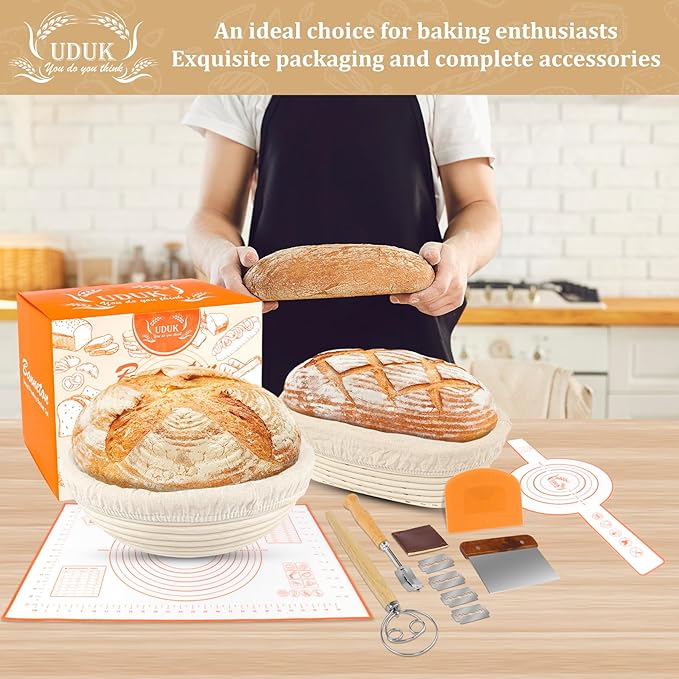 UDUK Banneton Bread Proofing Basket,Sourdough Proofing Basket Set of 2, 10 inch Round and 9.6 Oval with Bread Making Tools, Sourdough Bread Baking Supplies, Natural Rattan Proofing Bowls Baskets