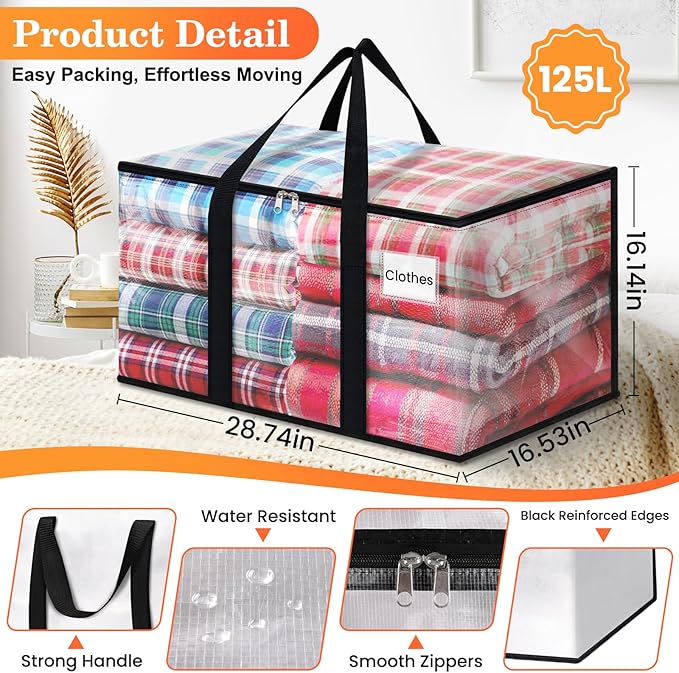 Extra Large Heavy Duty Moving Bags, Storage Bags with Strong Zippers & Handles, Packing Bags for Moving Essentials, Ideal Storage Tote for Home, Dorm & Storage Solutions, 125L 6 Packs Clear