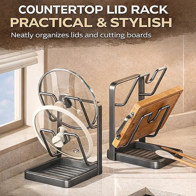 Kitchen Pot Lid Holder While Cooking, Multifunctional Kitchen Pot Lid Storage Rack with Tray, Carbon Steel Pot Lid Organizer Rack for Counter, Space-Saving, Prevent Messes, for Pans & Lids (StyleA)