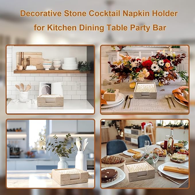 Shonmogar Luncheon Napkin Holder,Travertine Stone Napkin Holders Fit for 6.5”x6.5” Luncheon-Sized Napkins,Stone Napkin Holder for Table Kitchen Counter Dining Room Party Bar Decor,Beige