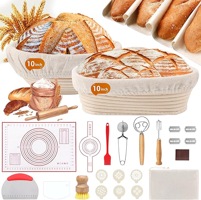 PeacePeo Sourdough Bread Baking Supplies, Sourdough Starter Kit for Bread Making Includes 10" Round & Oval Banneton Bread Proofing Basket with Liners Sourdough Kit for Making Baking Fermentation