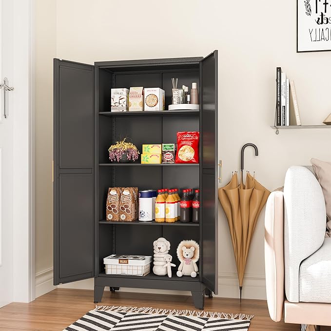 Metal Pantry Storage Cabinet, Kitchen Storage Cabinets with Adjustable Feet and Shelves, Pantry Cabinet for Kitchen, Living Room, Laundry Room and Dinning Room