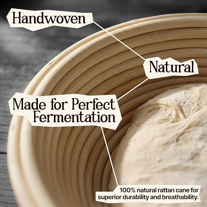 TEY 9'' Banneton Bread Proofing Basket Set – Natural Rattan Banneton with Linen Liner, Baking Tools & Accessories, Digital Recipe eBook, Artisan Sourdough Starter Kit, Homemade Bread Baking Gift Set
