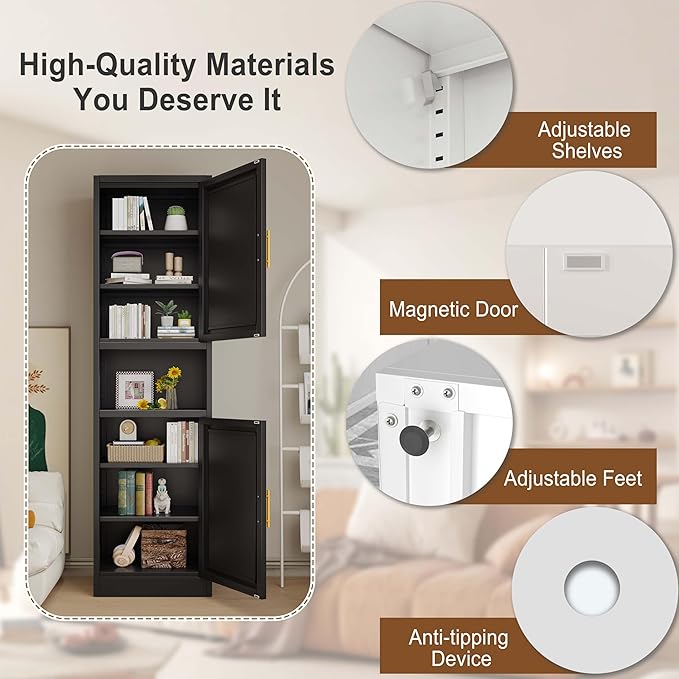 pozdeg 67" Tall Narrow Storage Cabinet Metal Bathroom Cabinet with 2 Doors & 4 Adjustable Shelves, Standing Pantry Cabinets Cupboard for Kitchen, Dining Room, Living Room and Bathroom (Black)