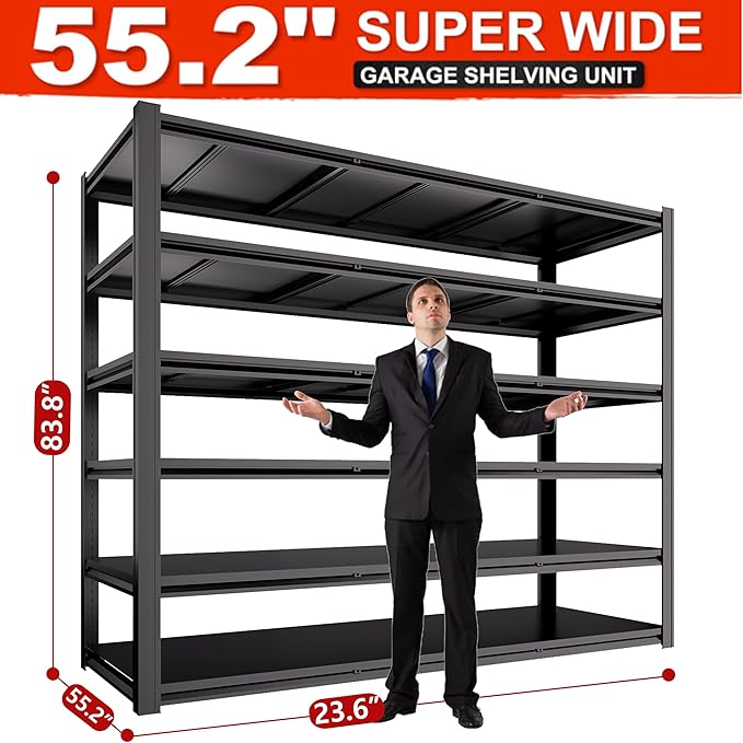 Extra Large 84" Hx 55.12" Wide x 24" D Adjustable Industrial Metal/Steel 6-Shelf-Storage-Rack Heave Duty Utility Tall Garage/Warehouse Shelving Shelves Unit/System for Bin/Shed, Black