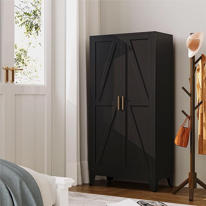 YAUWOH 61''Metal Cabinet with 3 Adjustable Shelves,4-Tier Pantry Storage Cabinet,Kitchen Pantry Cabinet for Living Room,Dining Room, Black